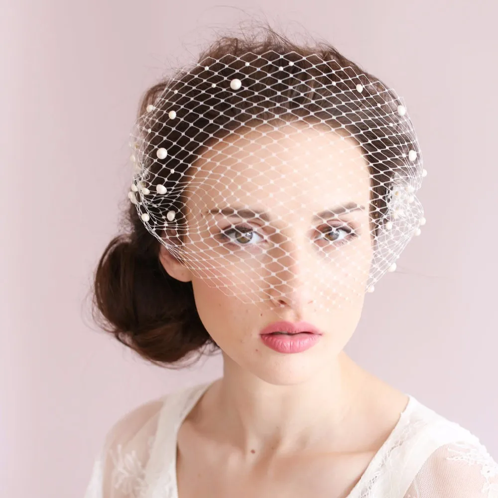 Pearl Beaded Birdcage Veil One Layer Delicate Handmade Net Bridal Hair Accessories 2017 New Style