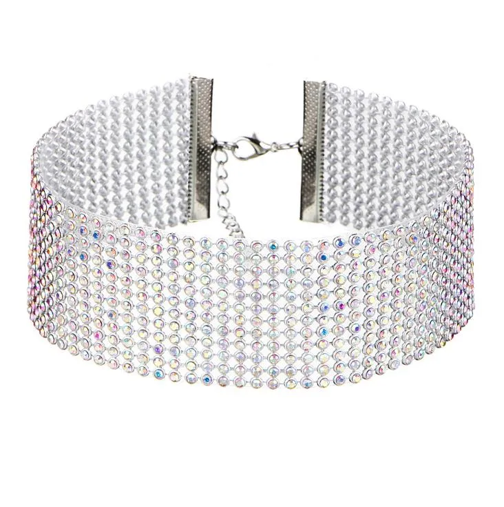 Billiga modekvinnor full kristall strass chokers halsband för kvinnor silver smycken färgade diamant uttalande halsband190h