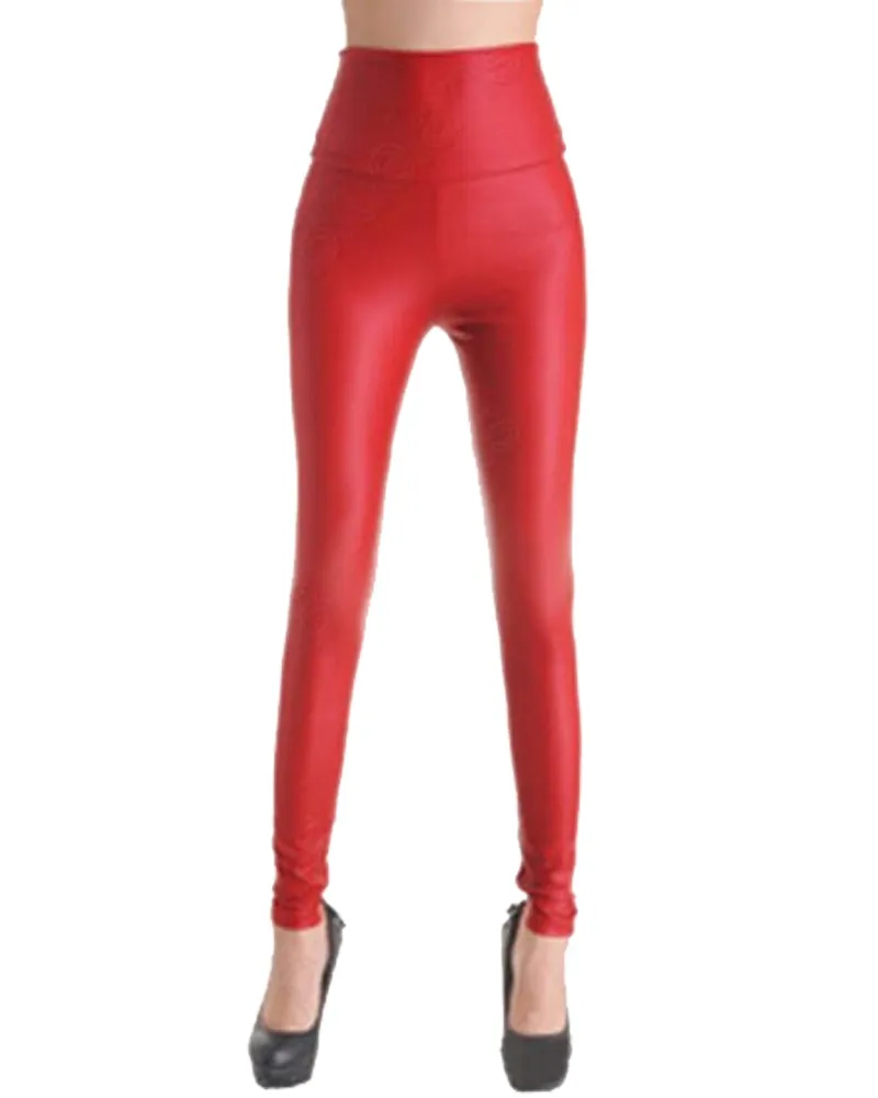 Schwarz/Rot Sexy Kunstleder Stretch Leggings Damen Hohe Taille Enge Hose Disco Hose Skinny Hose