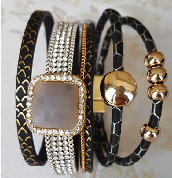 New Gem Rhinestone Magnetic Leather Bracelets Bangles Bohemian Handmade Multilayer Wrap jewelry Women gift pulseira