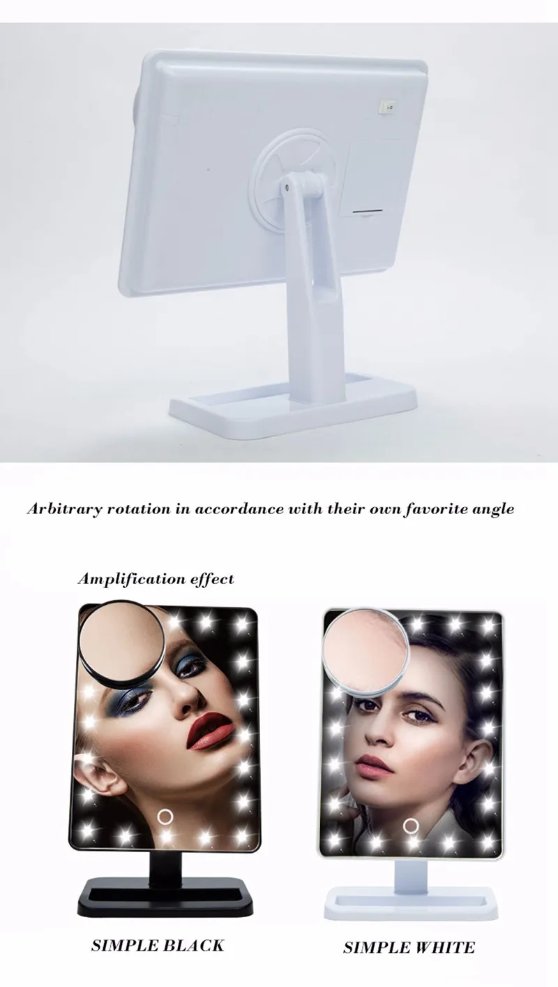 2018 nieuwe aankomsten led cosmetische spiegel grote tafel 20 leds lamp lichtgevende vierkante make-up led-spiegel zwart wit roze