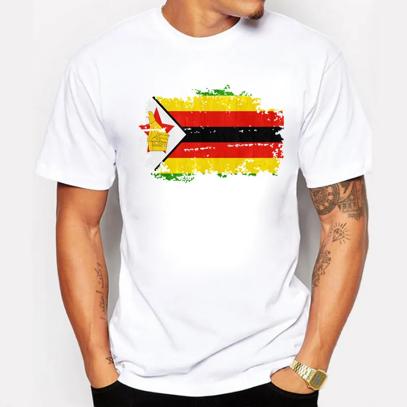 2017 New Mens Fashion Zimbabwe Flag Nostalgic Style Short Sleeve White T-shirt Men Casual T Shirt O Neck Summer Cotton Tee Big Size 2XL