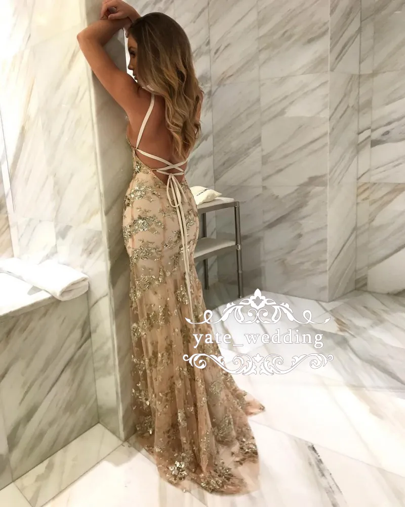 2018 Sparkly Silver Gray Mermaid Evening Jurken V Neck Criss Cross Back Back Champagne Gold Prom Dresses Sexy Backless Formal Ghowns5913803