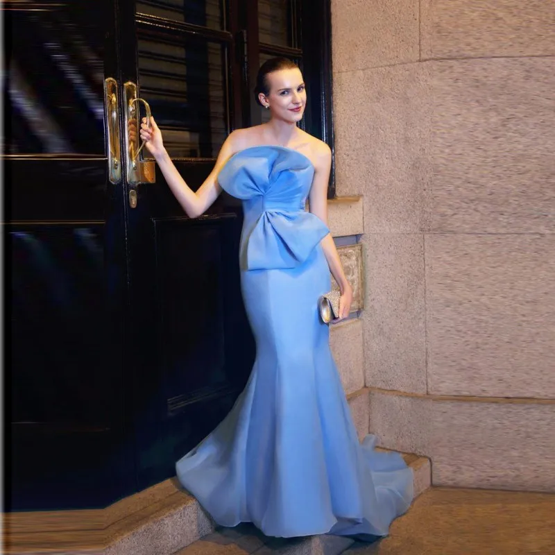 New Design Blue Prom Dresses Sexy Strapless Mermaid Evening Gowns Ruched Sleeveless Zipper Low Back Formal Party Dress Sweep Train