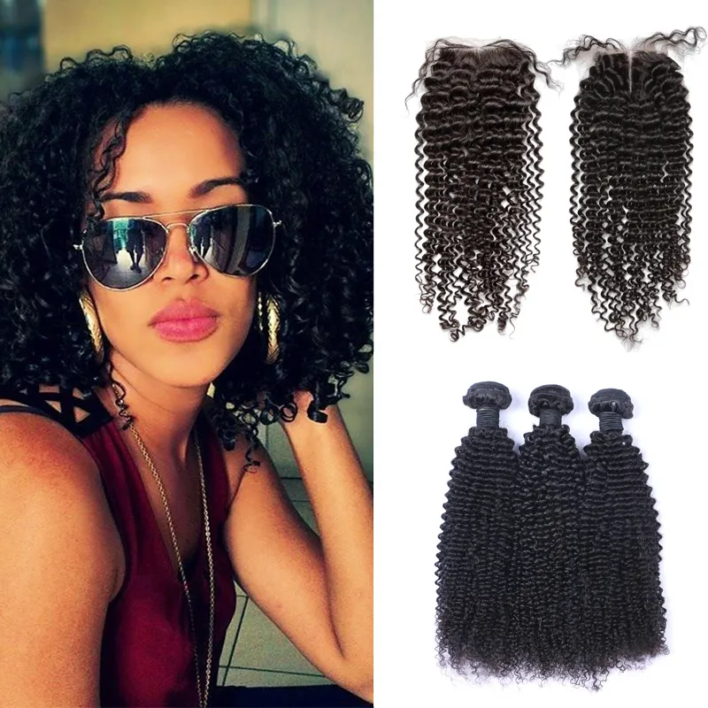 Brazilian Kinky Curly Human Hair Weaves 3 Bundles With 4x4 Lace Closures Natural Black Color Pre-Plucked