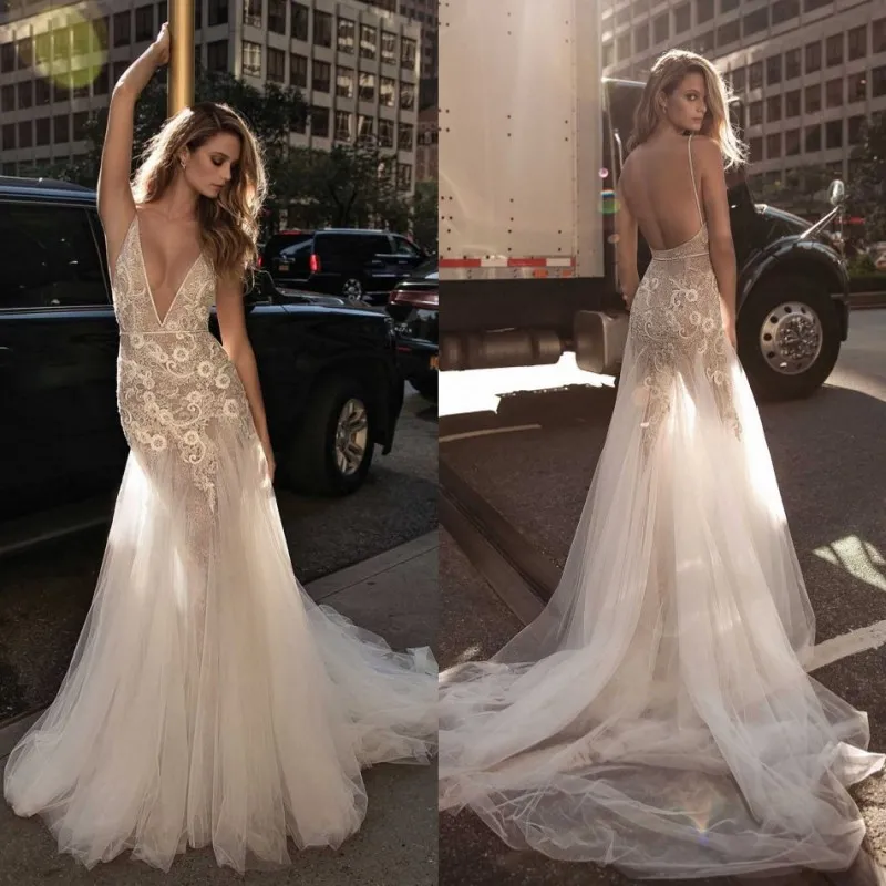 Berta 2019 Sirena Vestidos de novia sin espalda Escote pronunciado Apliques de encaje Vestidos de novia de cristal Ilusión sexy Blusa Vestido de novia de cola de pez