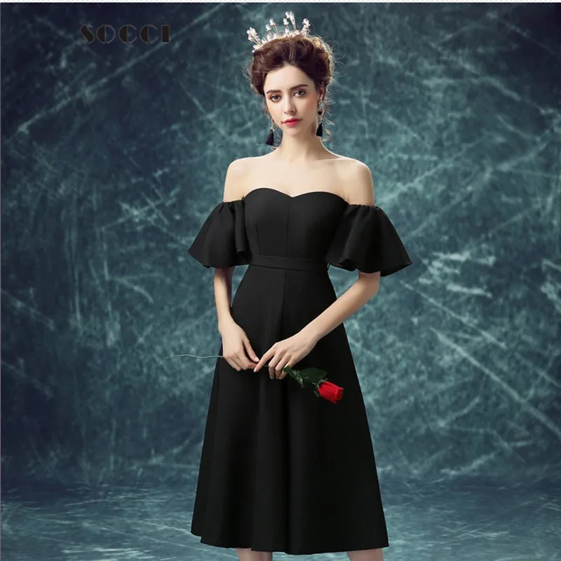 Élégant noir robe formelle robe de Cocktail pas cher hors épaule cou thé longueur sur mesure femmes Style moderne une ligne fête porter Sexy