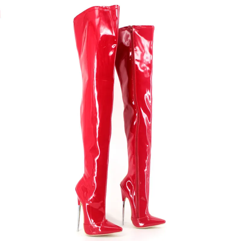 2017 High Boots Pointed Toe Ladies Party Boot Plus Size Thigh-High Boots Zipper Patent Leather COS Cheap Modest Shoes