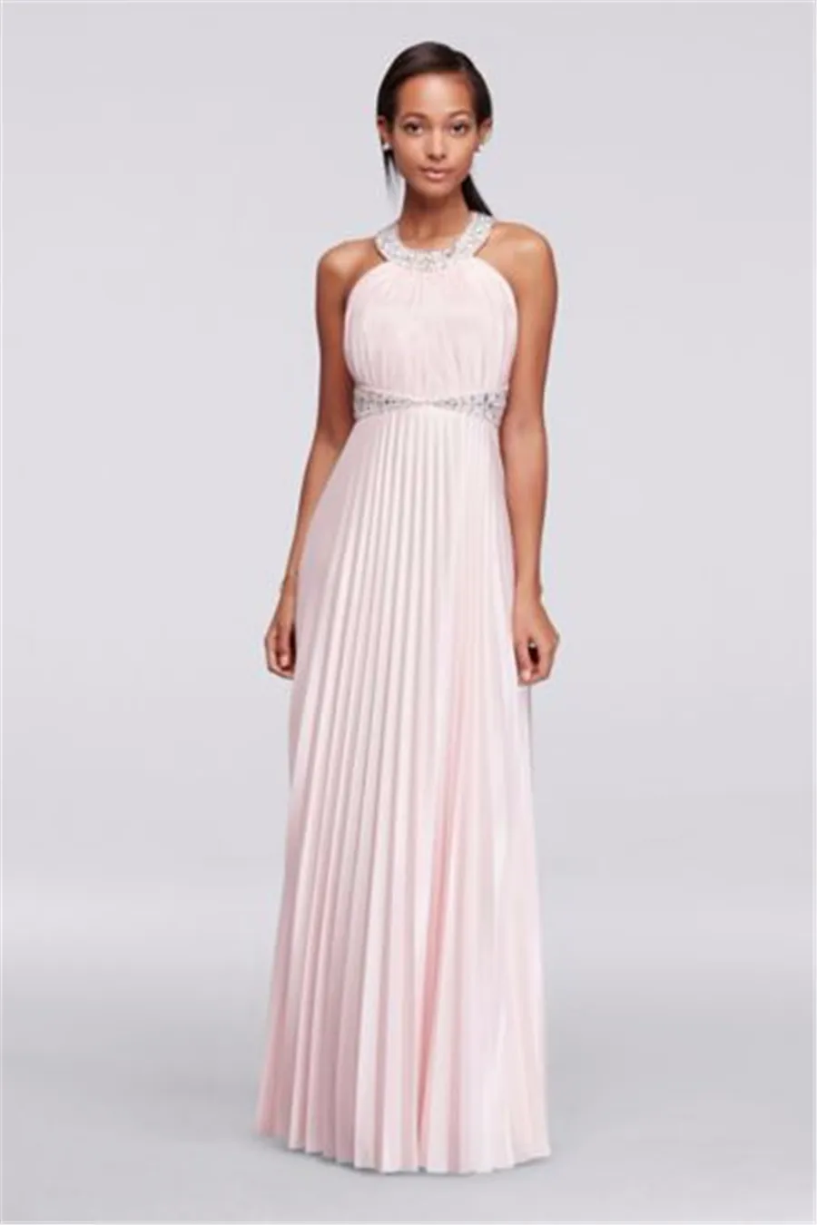 Beaded Strappy Back Halter Neckline Pink Bridesmaid Dresses with Pleats 2275SK8SD Wedding Party Dress Evening Dress Formal Dresses