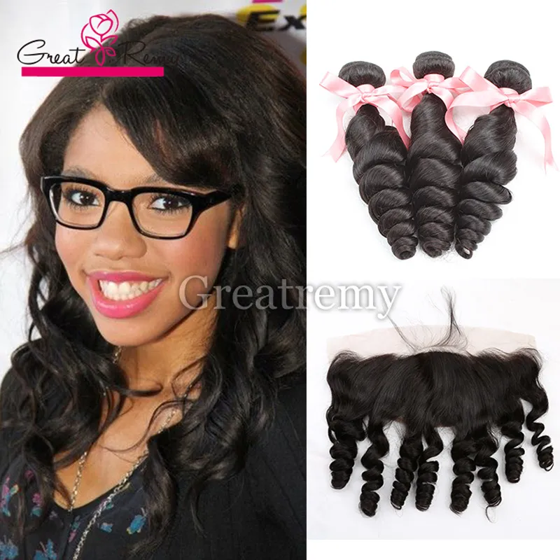 Greatremy Brasilian Loose Wave 3bundles with Lace Frontal 13x4 Loose Wave Ear to Ear Lace Frontal Stängning med mink brasiliansk hårförlängning