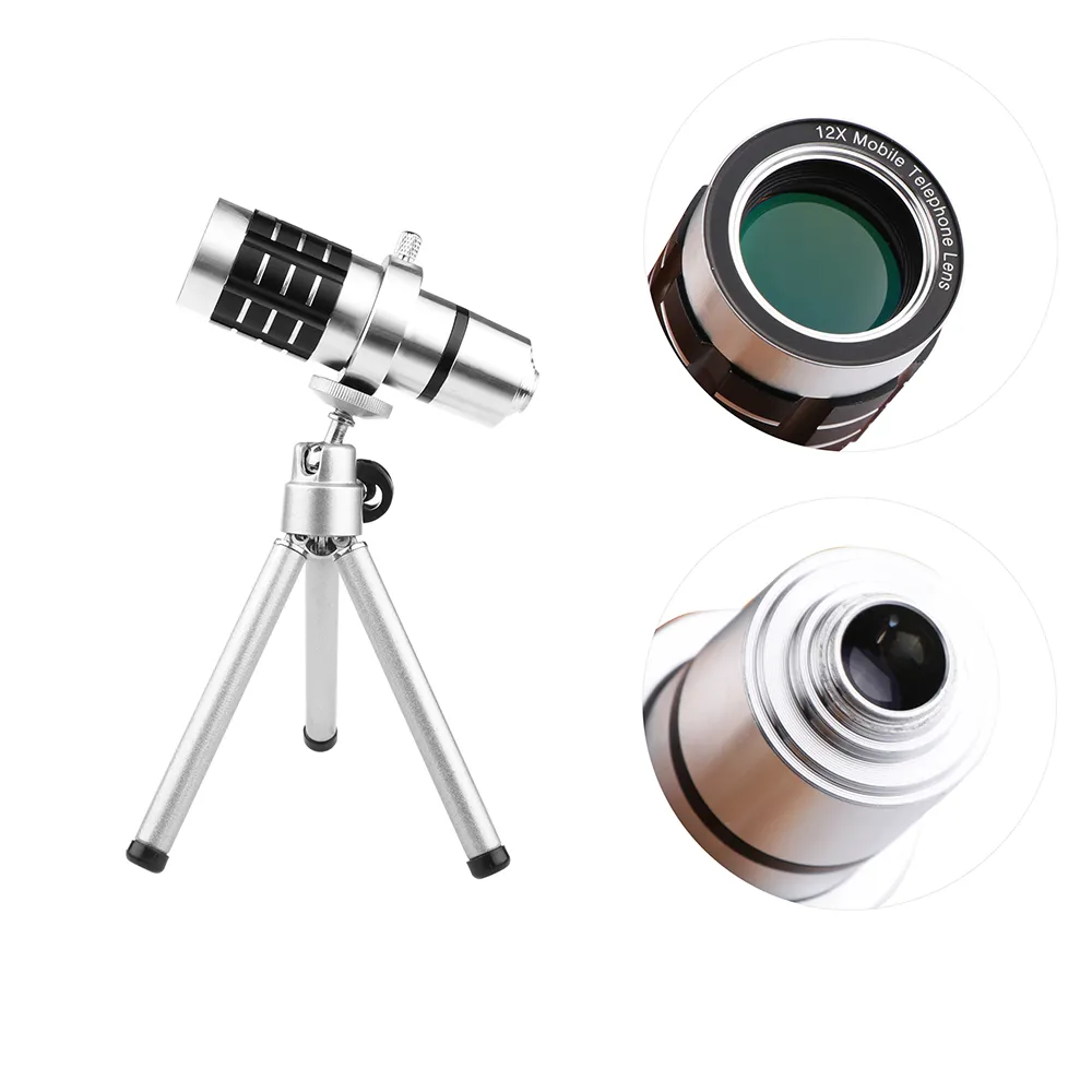 Telescope Camera Lens 12x Optical Zoom No Dark Corners Mobiltelefon Teleskop Stativ för iPhone 6 7 Samsung Smart Phone Telepo 6430096