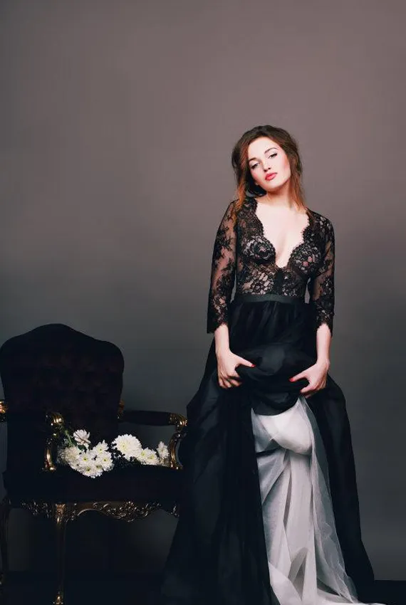 black lace dress with jacket Front open Black Alencon Lace Wedding jacket, Small main image 1