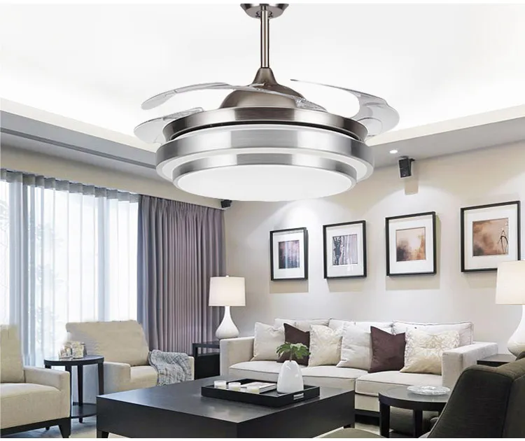 31 8/9" Modern Chrome Round Shaped LED Ceiling Fan Lights with Foldable Invisible Blades 100-240v invisible ceiling fans led light