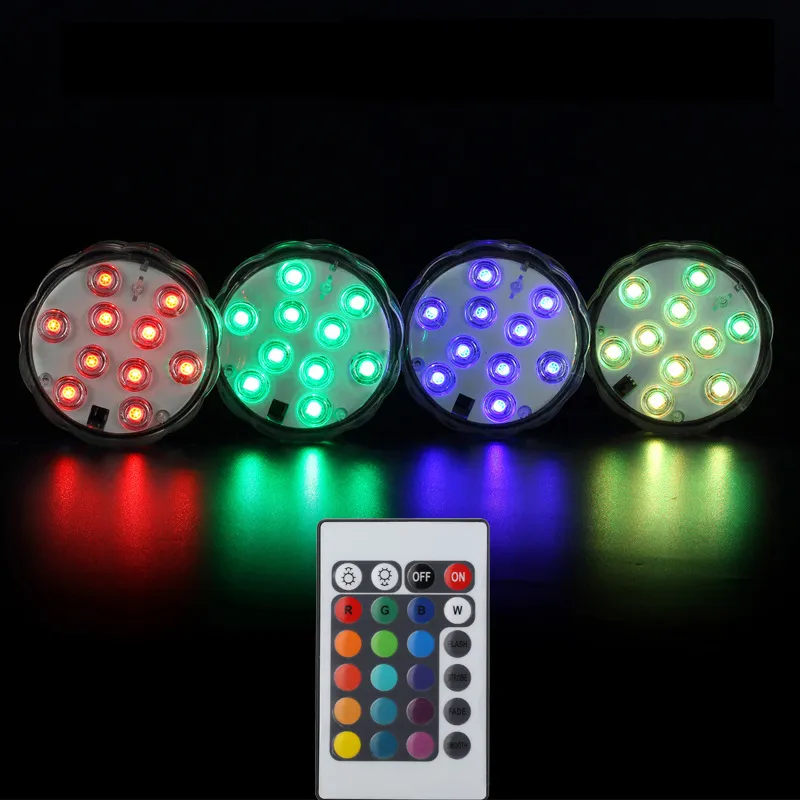  Luz sumergible a prueba de agua Led 10-LED RGB Lámpara de decoración de alto brillo Luces que cambian de color bajo el agua Batería AA con control remoto