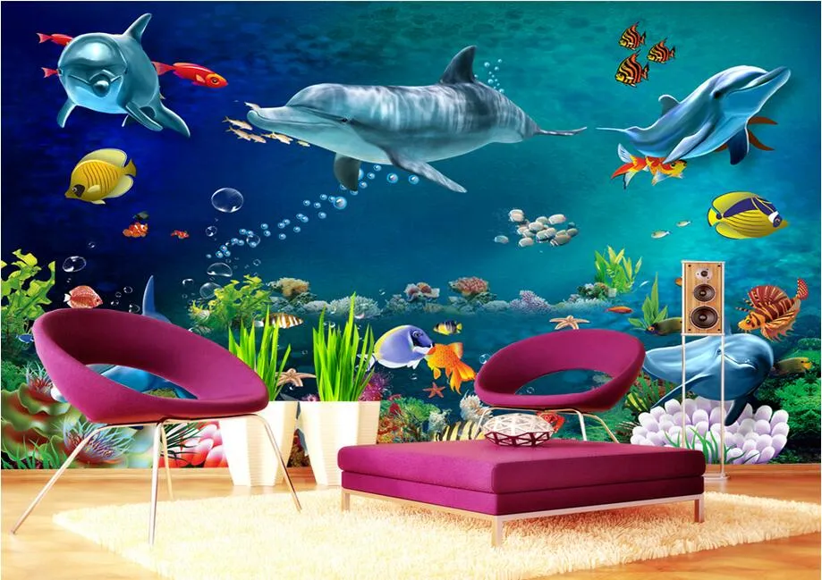 Papel de parede 3d personalizado po mural mar mundo golfinho peixe cenário decoração do quarto pintura 3d murais de parede papel de parede para paredes 3 d5036866