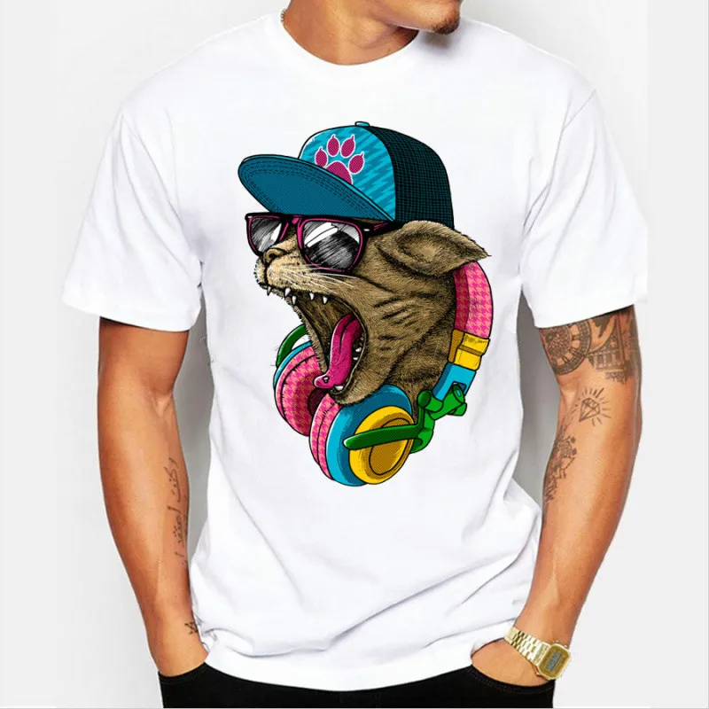 Erkek Modası Çılgın DJ Kedi Tasarım T Shirt Havalı Kısa Kollu Hipster Tees Tops