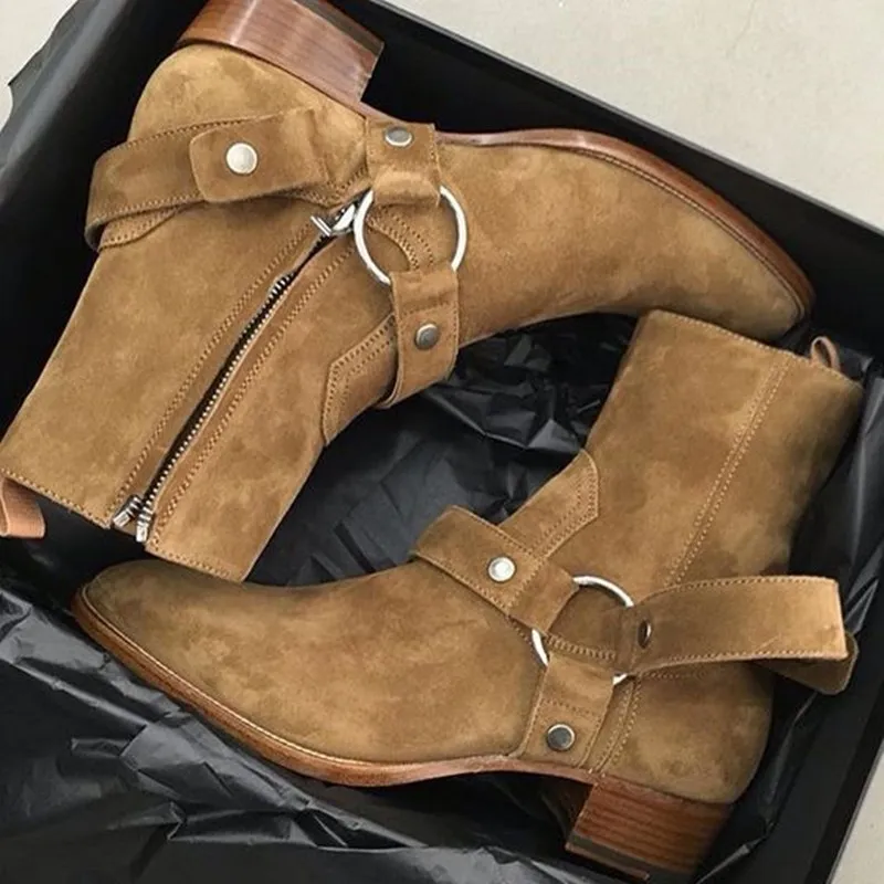 Tan/Svart Mocka Läderkedjor Sele Män Stövlar Stacked Heel Anke Boot Sido Zip Herr Mode Chelse Booties Herr Skor Stor storlek Euro 38-46 Factory Real Pics