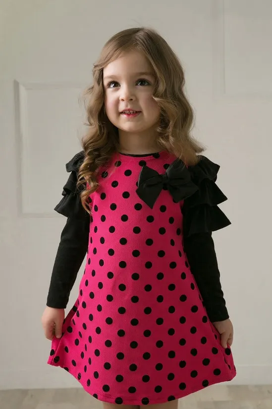 Ny ankomst Baby Långärmad Polka Dots Dresses For Girls Princess Bowknot Long Dress Party Vestidos