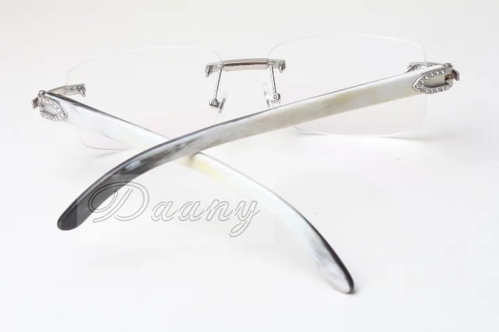 Nya ramlösa fyrkantiga bågar, T3524012 vita linser, naturliga blandade horn, glasögonstorlek:56-18-140 mm bågar för män och kvinnor