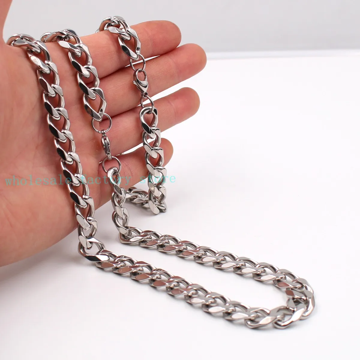 Silver Lobster Clasp High Polished Stainless steel 15mm Cuban Curb Link Chain 24'' Necklace + 8.66" Bracelet Set