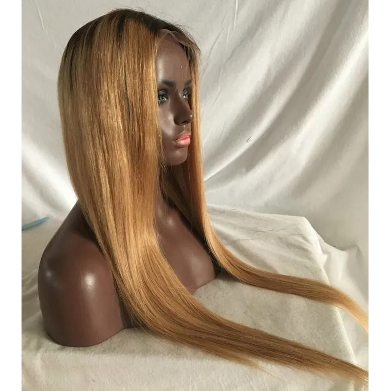 2020 Hot Sales Promotion för Ombre Dark Roots 27 # Honey Blonde Full Lace Wig / Lace Front Wig 100% Mänskligt Hår