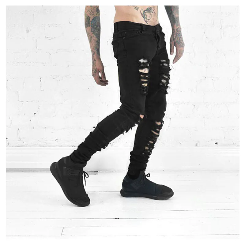 All'ingrosso-2016 nuovi jeans da uomo jeans strappati per uomo skinny Distressed slim designer biker hip hop swag jeans slim neri