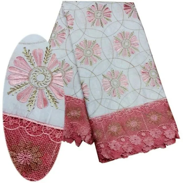 5 Y / pc Tessuto Bazin arancione alla moda e disegno floreale solubile in acqua fucsia ricamo pizzo cavo africano abito LBL21-2