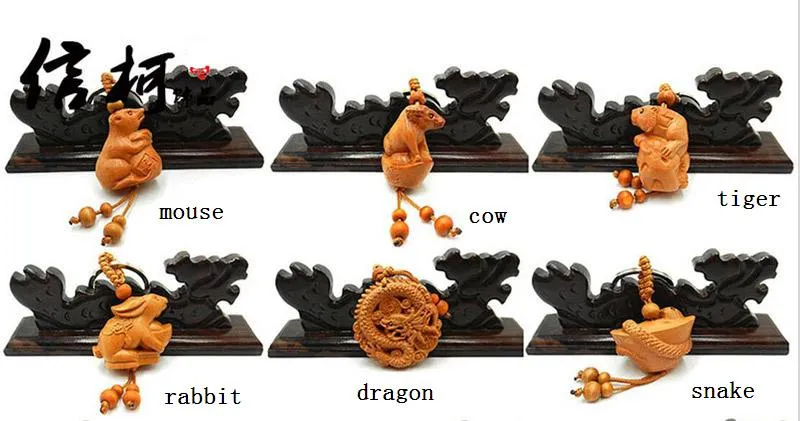 Sac Parties Style chinois 3D Bois de sculpture en bois Chinois Zodiac Charms Keechain Fashion Backpack Chain Pender