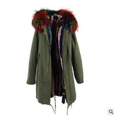 Jazzevar Bruin Bont Trim Konijnenbont Lange Leger Groene Parka Winter Sneeuwjassen Echte Bont Winter Parkas