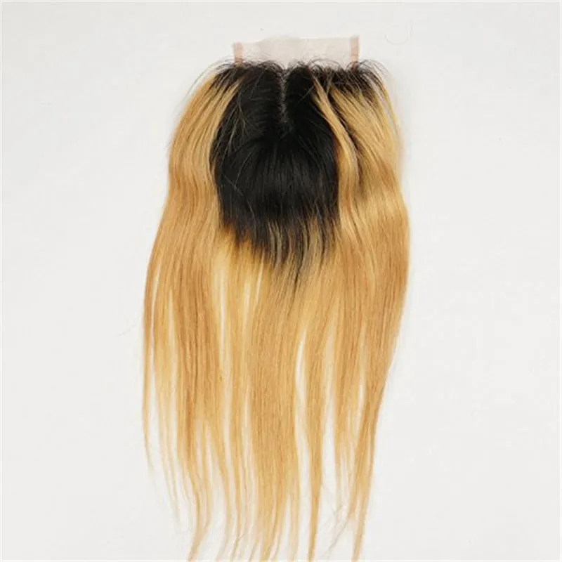 # 1B 27 Mel Loira Ombre Cabelo Virgem Peruano Com Fecho de Rendas 3 Feixes de Cabelo Em Linha Reta Tece Com Raízes Escuras Marrom Loiro Fechamento de Rendas