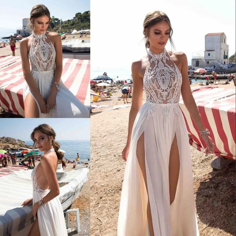 Berta Bohemian Backless Bröllopsklänningar Spets Applikerade A-Line Halter Neck Delad sida Brudklänningar Chiffong Vestido De Novia