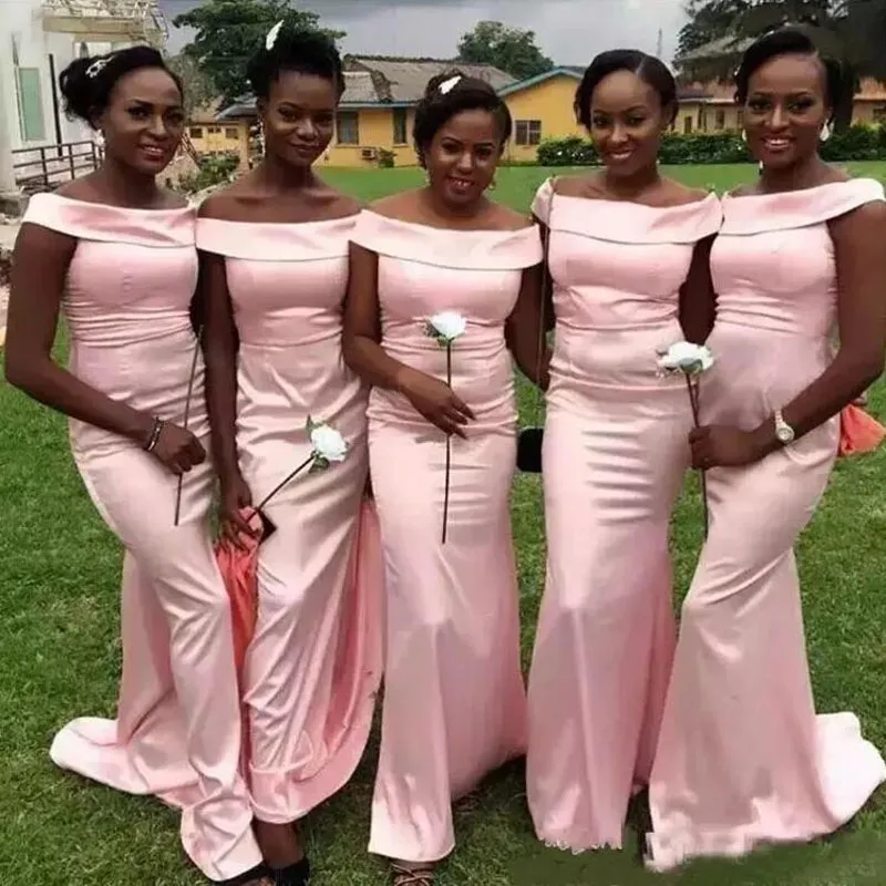 Style africain nigérian 2017 fard à joues rose hors épaule sirène robes de demoiselle d'honneur longue pas cher mariage robe d'invité grande taille sur mesure EN102012