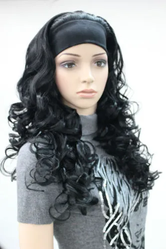 Neuester Stil 3/4 mit Stirnband-Haarteil, schwarze, lockige, lange Damen-Halbperücken