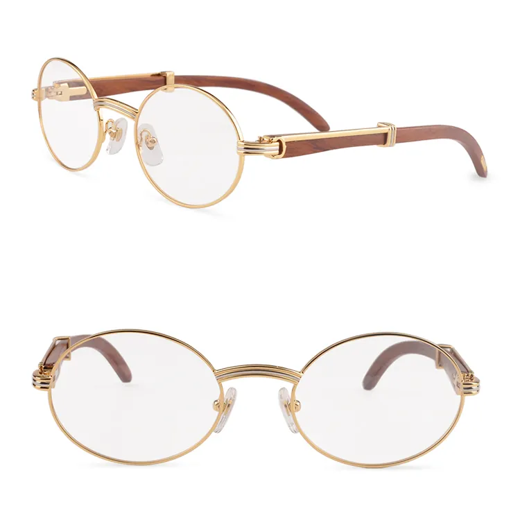 Träspektaklar ramar kvinnor Eyewear Original Metal Frame Fashion Men Glasögon Rundt träögon med låda och fodral9181327