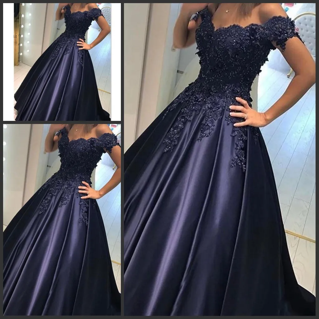 2020 Élégant Nouveau Pas Cher Sexy Bleu Marine Robes De Bal Chérie Cap Manches Dentelle Appliques Perlé Fermeture Éclair Retour Robe De Soirée Formelle Robes De Soirée