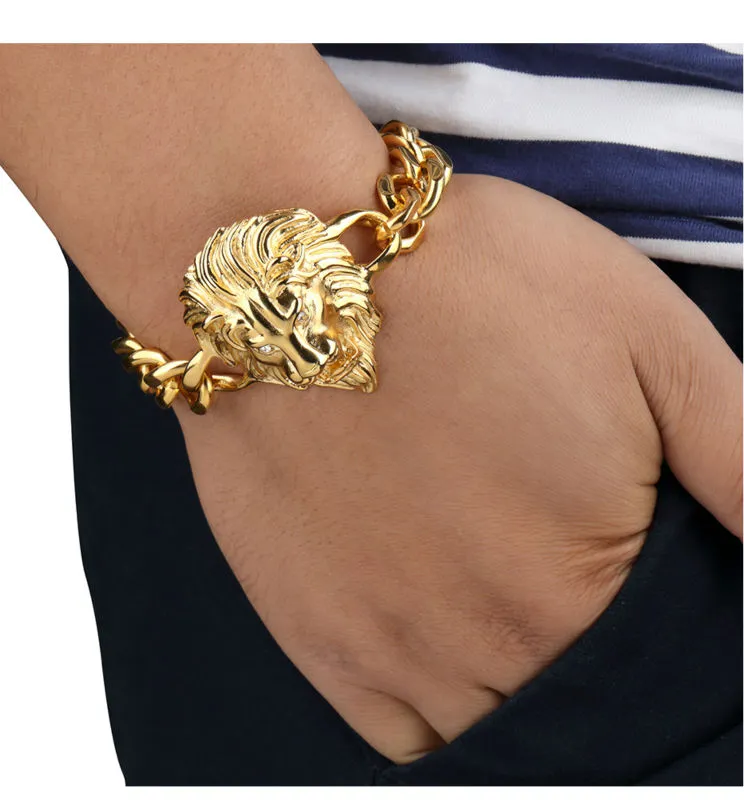 Pulseira de cabeça de leão banhada a ouro masculina nova moda legal hip hop prata cor de ouro joias masculinas de alta qualidade para presentes de natal