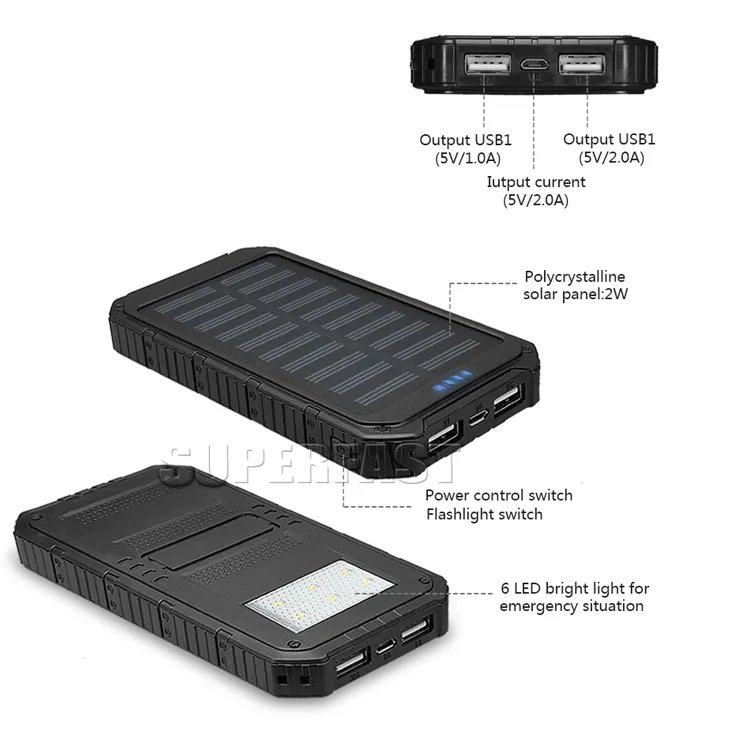 Shockproof 4000 mAh Solar Charger Bank 6000 mAh Portable solpaneler 8000 mAh Funktionella solladdare för MP3 MP4 med detaljhandelspaket