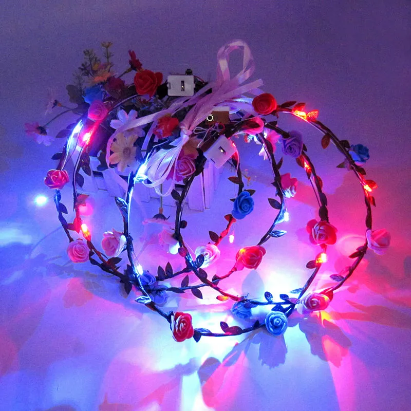 LED Flashing Rose Flower Festival Headband Veil Party Halloween Christmas Wedding Light-Up Floral Garland Hairband Daughter Best Gift