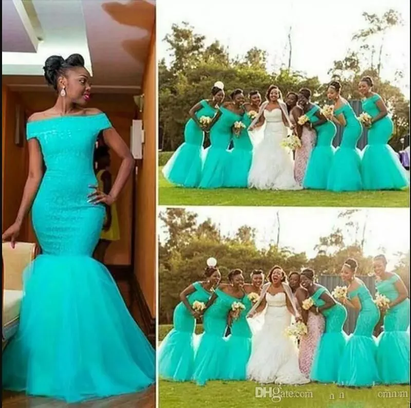 Większość gorąca Republika Południowej Afryki Style Nigerii Druhna Dresses Plus Size Mermaid Suknie Suknie Honorowe na ślub Off Ramię Turquoise Tulle Sukienka