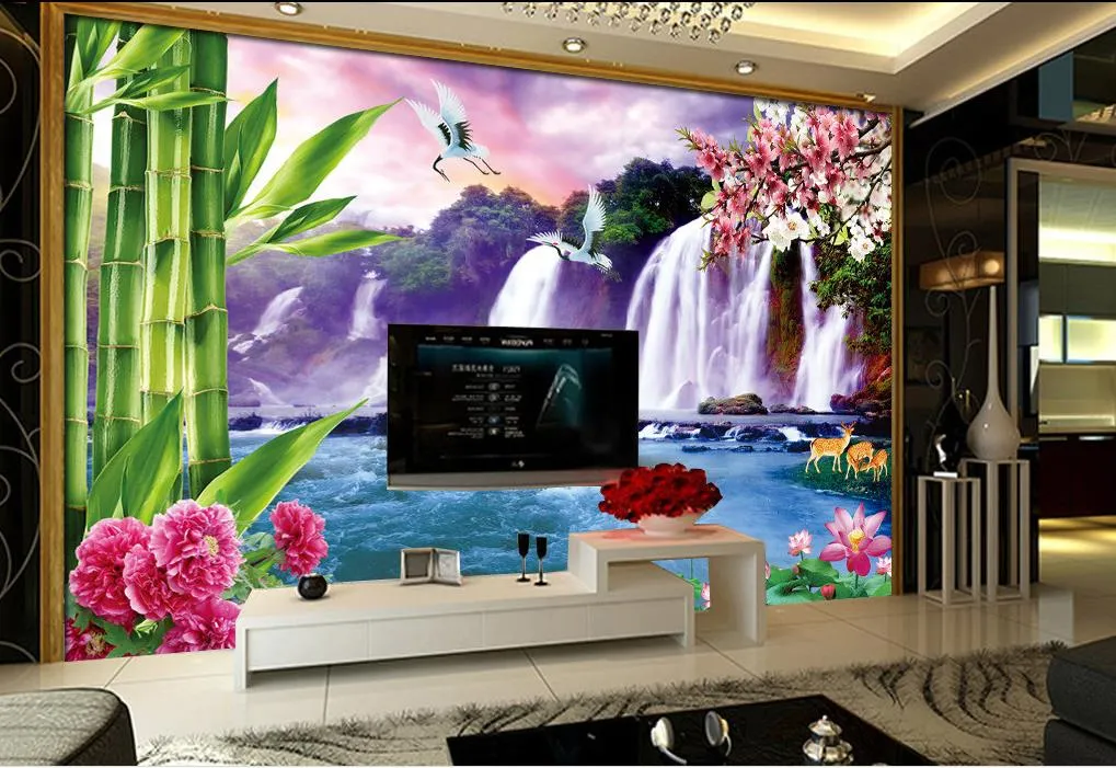 pared fresca gran cascada de TV mural de papel pintado 3D papeles de pared 3D para TV telón de fondo