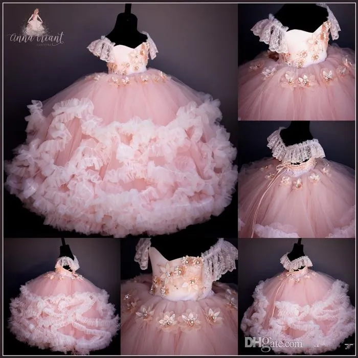 Vintage blush image réelle robes de fille de fleur perlée faite à la main enfant en bas âge robe de communion de fleur à lacets robes de bal pour les enfants