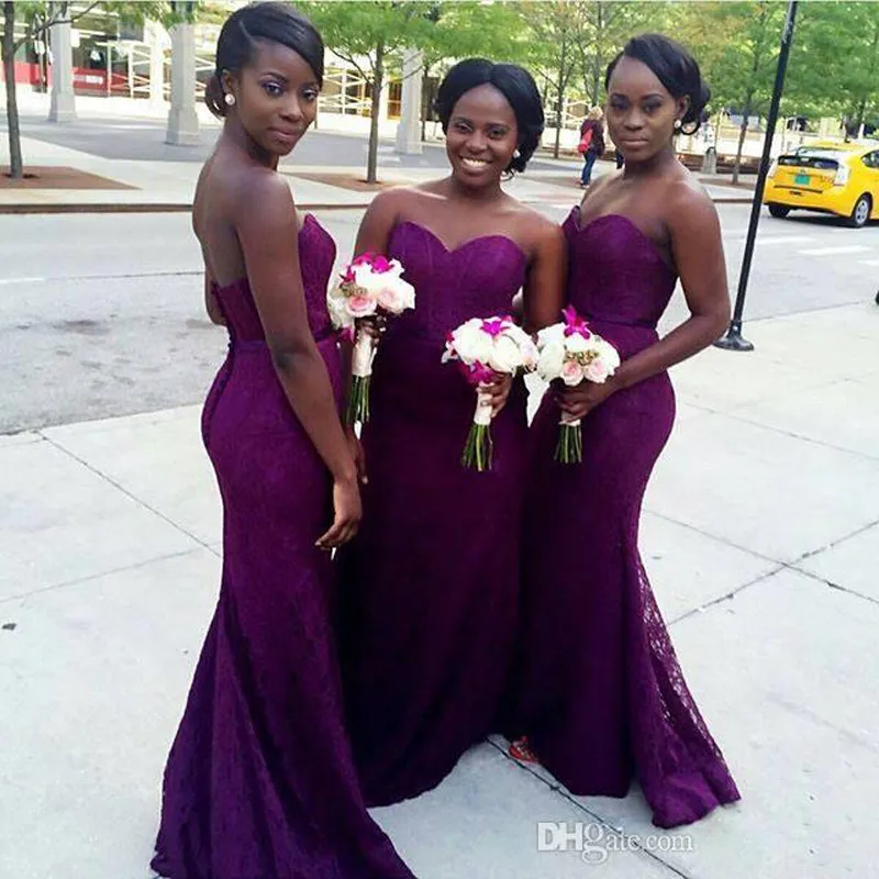 2017 African Luxur Bridesmaid Платья невесты Милая без рукавов свадебные гостью носить фиолетовый полное кружевное длинное вечеринка платье русалка горничная честь платья