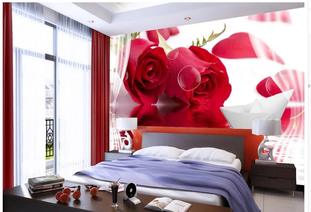 Papel de parede personalizado para paredes Beautiful modern red rose reflexão papel barco 3D pintura decorativa parede de fundo