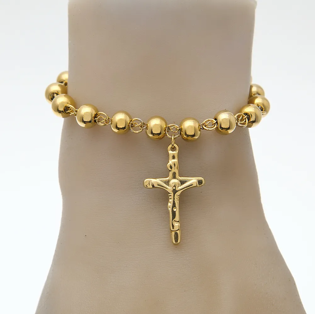Unisex 14K vergoldetes Rosenkranz-Perlenarmband aus Edelstahl, Kreuz mit Jesus-Anhängern, Anhänger, Gliederkette, Religion, weiblich, Pulseira