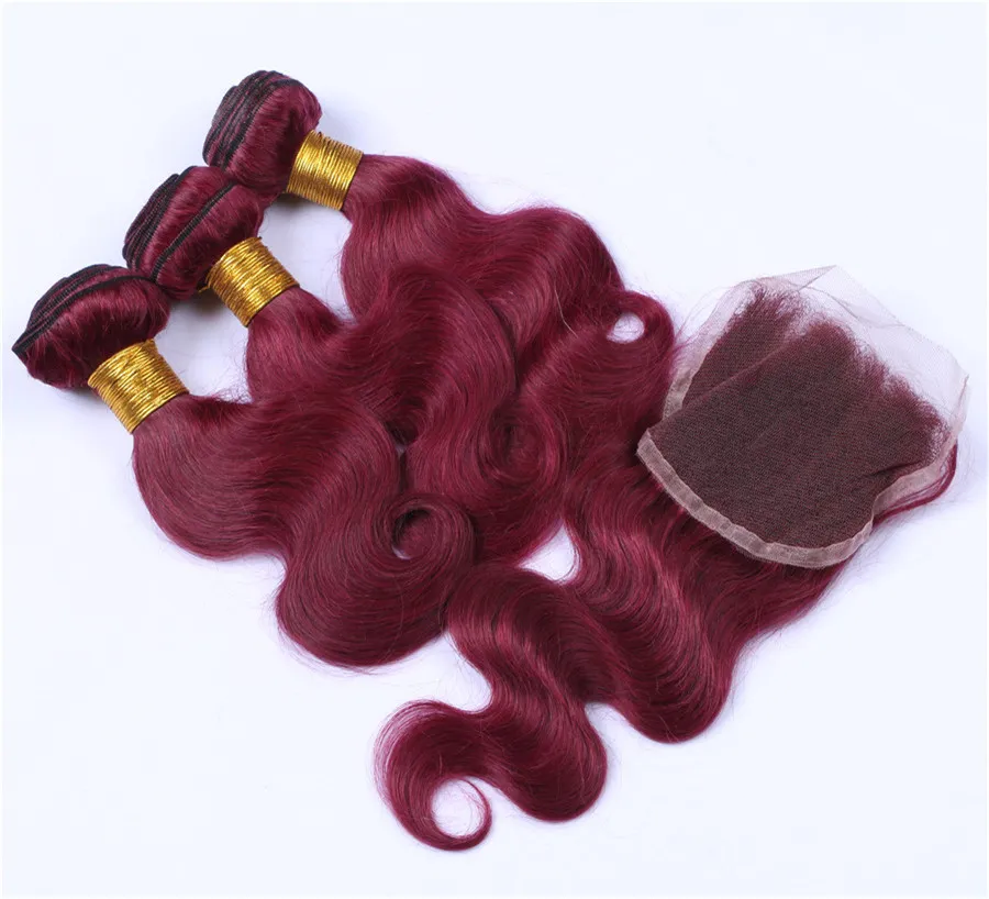 Burgund-rote brasilianische menschliche Haare webt mit Schließung frei Teil Körperwelle Wein rot 4x4 Spitzenverschluss mit 3bundles Erweiterungen Pure 99J Farbe