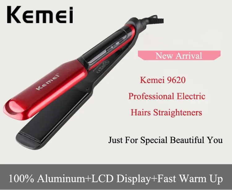 Kemei 9620 빨간색 전문가 머리카락 직선 기 LCD 디스플레이 전기석 세라믹 코팅 플레이트 스트레이트 Hairs 플랫 아이언 클립 도구