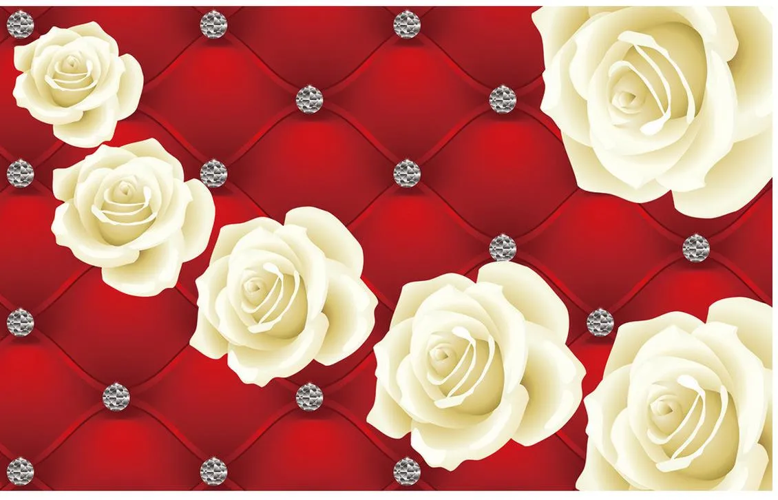 fond blanc rouge doux avec des roses blanches murales 3d papier peint papiers peints 3D pour toile de fond tv