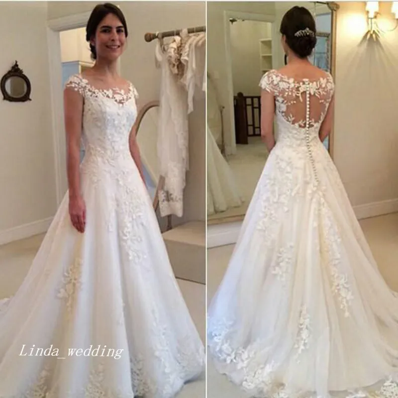 2019 Modeste Nouvelle Dentelle Appliques Robe De Mariée Arabe A-ligne Longue Voir À Travers Bouton Retour Robe De Mariée Plus La Taille Sur Mesure Vestidos De noiva