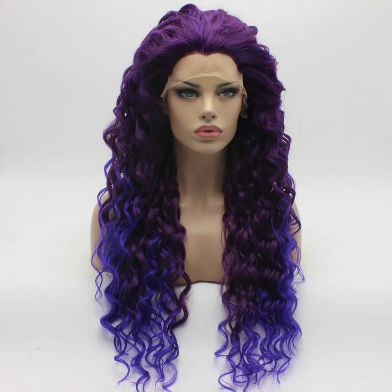 Iwona Hair Curly Long Purple Root Light Purple Ombre Wig 18#3700/3700L Half Hand Tied Heat Resistant Synthetic Lace Front Wig