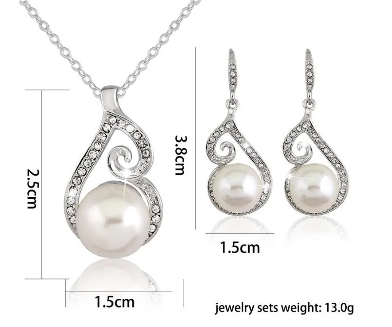DHL Silver Crystal Pearl Necklaces Earrings Set Bridal Jewelry Set Diamond Wedding Pendant Necklace Jewelry Party Earring Christmas Gift